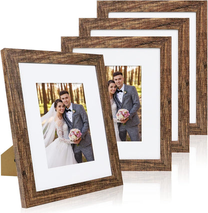 8X10 Picture Frame Set of 4, Made of Real Glass and Rustic Brown Wooden Frame, 8 by 10 Photo for Wall or Tabletop - Display Picture 5X7 with Mat or 8X10 without Mat1