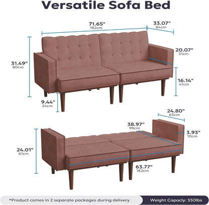 71" Velvet Futon Sofa Bed, Versatile Loveseat Couch, Sleeper Sofa with Adjustable Backrest, Mid Century Modern Futon Couch for Small Space, Living Room, Office & Apartment, Velvet Fabric Pink2