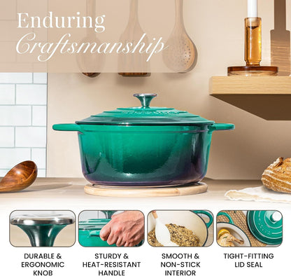 Enamelled Cast Iron Dutch Oven Pot with Lid-6.4 Quart Non Stick Casserole Pot-Heavy Duty & Oven Safe up to 500° F for Bread Baking, Braising, Stews, Roasting - 28Cm Dark Green8