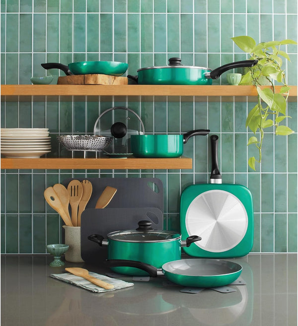 20-Piece Ceramic Metallic Cookware Set, Nonstick - Jade | 20-Piece Cookware Set with Ceramic Nonstick Interiors, Glass Lids, Utensils, Strainer, Pads, and Griddle Pan.1