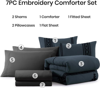 Embroidery Queen Comforter Set 7 Pieces Blue Grey Bed in a Bag7