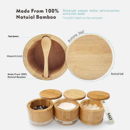 Salt Cellar with Lid, Bamboo Salt Container for Countertop | Salt Box with Built-In Spoon and Divider, Luminous SALT Label Holder, 13Oz Kitchen Salt Bowl for Sea Salt Pepper and Spice5