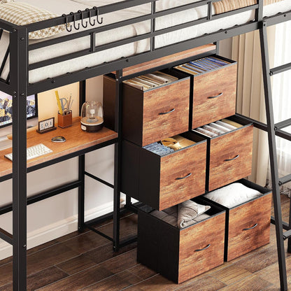 Twin Loft Bed with Desk and 6 Storage Drawers, Metal Twin Size Loft Beds with Charging Station, RGB LED Lights, and Pegboard & Hanging Rod for Kids, Teenager (Black)5