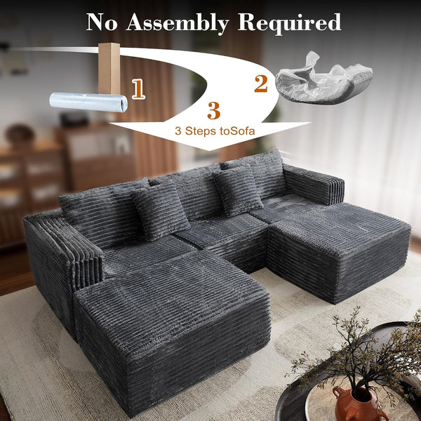 110 Corduroy Modular Sectional Boneless Sofa with 2 Ottomans, Convertible Cloud Couch with Deep Seats, Fluffy Memory Foam U Shaped Couch for Living Room, No Assembly Required (Gray)9