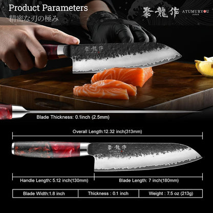 7'' Japanese Santoku Chef Knife, Black Forged 3-Layer VG10 Steel Core6