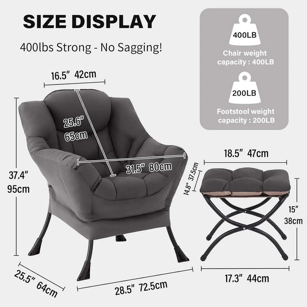 Lazy Chair with Ottoman, Comfy Reading Accent Chair, Dark Grey | Foldable Footrest, Padded Seat and Backrest, Side Pocket for Lounging in Living Rooms, Bedrooms, Dorms and Small Spaces2
