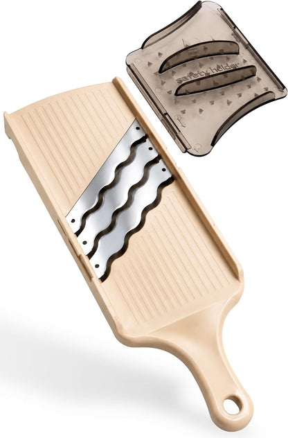 Arnest Japanese Cabbage Slicer Mandoline, 3-Blade Triple Wave Ultra-Thin Shredder for Tonkatsu-Style Slaw, Stainless Steel Wave Blades, Safety Holder, Easy-Rinse Clean, Compact Beige, Made in Japan1
