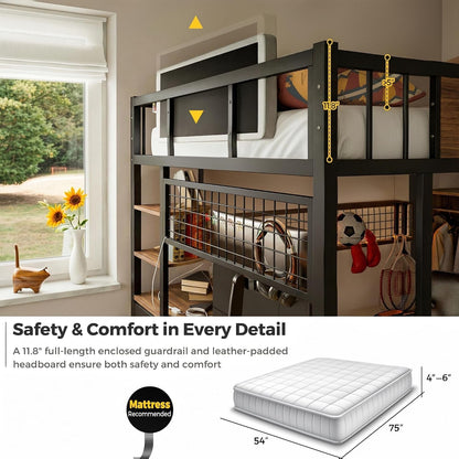 Loft Bed with Desk and Stairs, Headboard, Outlet (Black, Full)6