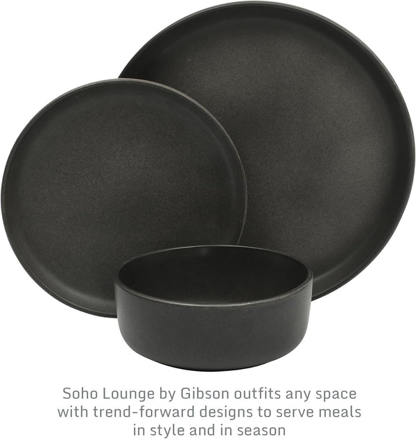 Pasco 12 Piece (Service for 4) Plates and Bowls Reactive Glaze Dishes Stoneware Ceramic Dinnerware Set - Black3