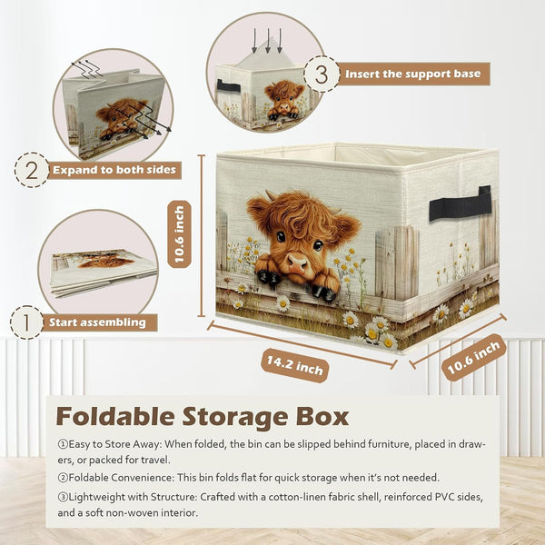 Farmhouse Highland Cow Storage Box Bins, Rustic Daisy Floral Heifer Collapsible Storage Basket Organizer for Girls Bedroom Laundry Room Home Clothes Books, Decor for Room3
