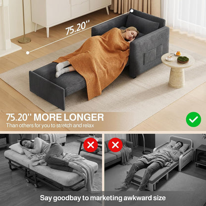 3 in 1 Pull Out Sleeper Chair, 75.2” Corduroy Single Sofa, Dark Gray8