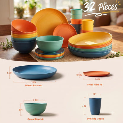 Wheat Straw Dinnerware Sets for 8, 32Piece Dishes Set for 8- Multi2