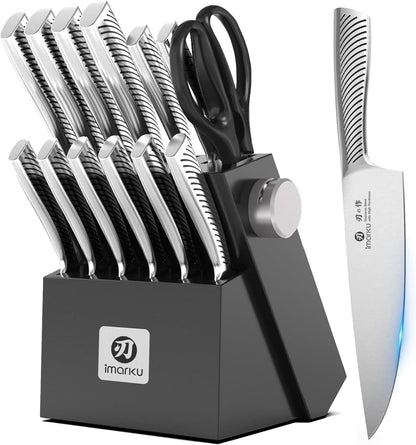 14 Pcs High-Carbon Stainless Steel Kitchen Knife Set Black | 56±2 HRC Hardness | Build-In Sharpener | Full Tang Ergonomic Handle | Dishwasher Safe | Gifts for Men1
