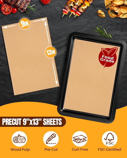 140 Parchment Paper Sheets 9X13 Inch | Precut Unbleached Baking Paper Sheets for Oven, Air Fryer, Cookies, Bread, Pizza | Non-Stick, Greaseproof Liners | Natural Brown Parchment for Baking2