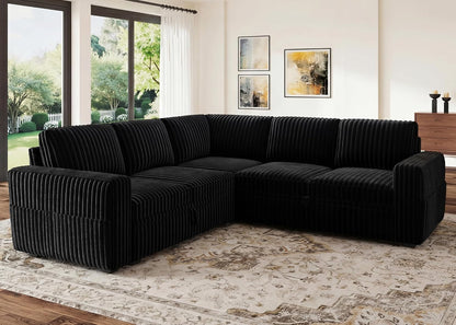 Modular Sectional Sleeper Sofa with Pull Out Bed,Corduroy L Shaped Couch with Storage, Sectional Couches for Living Room,Black7