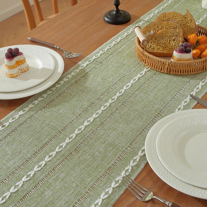 Sage Green Boho Cotton Linen Table Runner, Farmhouse Woven Table Runners Spring Holiday Kitchen Dining Table Decoration for Home Party Decor 13 X 484