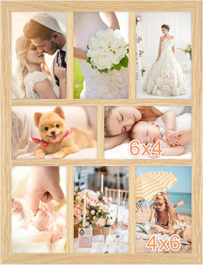 4X6 Oak Wood Picture Frames Collage Wall Decor Natural Woodgrain, Solid Oak Wooden Family Photo Collage Frame 8 Openings, Glass Front, Wall Hanging Display 8 4X6 Pictures1
