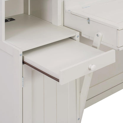 Queen Size Murphy Bed with Desk and Lights, Power Outlet, Foldable Murphy Cabinet Bed with Open Storage Shelves & Drawers, Wood Space-Saving Hidden Wall Bed for Guest Room Office, Antique White9