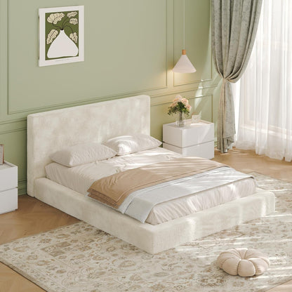 Queen Size Cloud Upholstered Bed Surround, Soft Chenille Padded Bed Frame, Low Profile Floor Bed with Headboard, Minimalist Modern Style, No Box Spring Needed, off White5