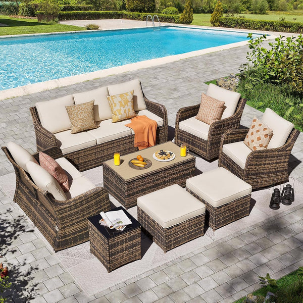 Patio Furniture Set with Swivel Rocking Chairs, 8 Pieces Patio Conversation Set, Outdoor Wicker Sofa Couch with Waterproof Cushions for Lawn Backyard Porch (Brown)1