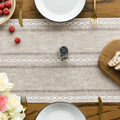 Brown Rustic Cotton Linen Table Runner, Seasonal Embroidered Hollow Kitchen Dining Table Decoration for Home Party Decor 13X72 Inch2