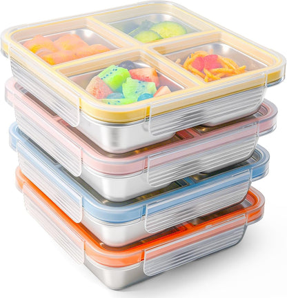 4 Pack Stainless Steel Snack Containers with Lids, 4-Compartment Leakproof Bento Snack Boxes, Reusable Dishwasher Safe Food Storage Containers for Adults, Office, Travel & Meal Prep (4Pack-A)1