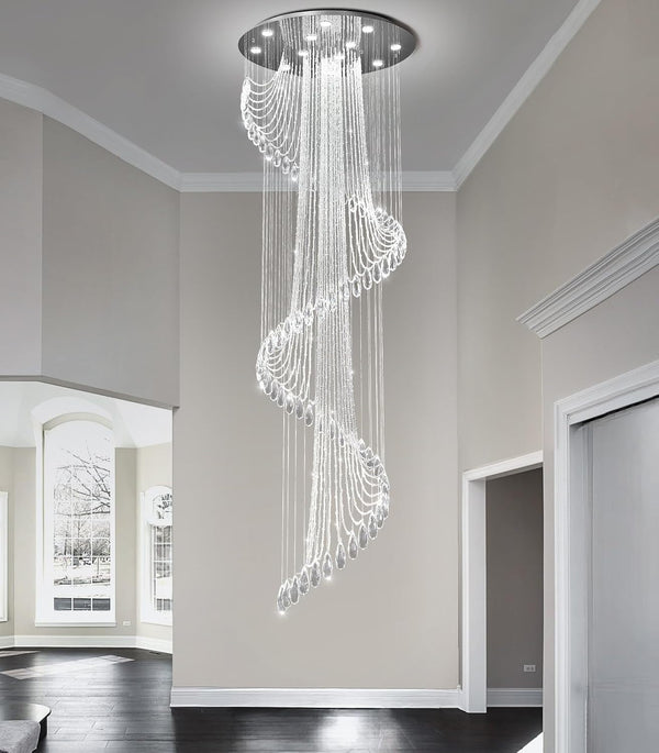 D32'' X H100'' Modern Crystal Chandelier for Foyer Glam Chandelier High Ceiling Chandeliers Large Raindrop Pendant Lights LED Dimmable Light Fixtures for Staircaes Living Room Entryway Silver8