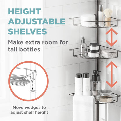 Tension Pole Shower Caddy Corner Organizer, Adjustable Standing Shower Caddy with 4 Baskets and Towel Bar, Rust Resistant Bathroom Tension Rod Organizer, 60 to 97 Inch, Bronze4