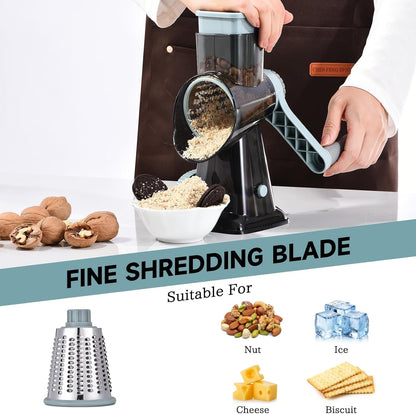 Rotary Cheese Grater with Handle Kitchen Shredder Slicer Grater Slicer Ice Shaver Cheese Vegetable Nuts Potato Zucchini Chocolate 3 Interchangeable Blades (Greyblue5