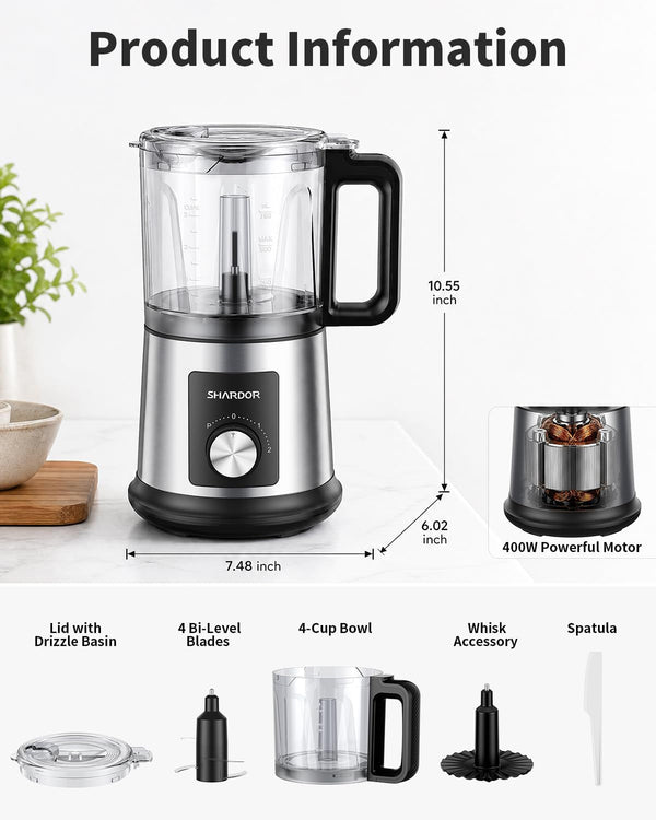 Electric Food Processor, 4 Cup Food Chopper with 3 Speed Settings (Pulse + Hands-Free 1&2), 400W Powerful Motor, 4 Bi-Level Blades and Whisk Attachment, Bpa-Free, Stainless Steel7