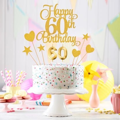 60Th Birthday Cake Toppers, 60Th Birthday Candles Numeral Candles and Glitter Cake Decorations Toppers Set for Party Supplies (Gold)4