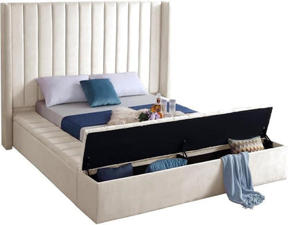 Meridian Furniture Kiki Collection Modern | Contemporary Velvet Upholsterd Bed with Channel Tufting, Siderails and Footboard Storage Compartments, King, Cream4