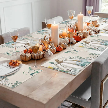 Fall Thanksgiving Placemats Set of 6 Pumpkin Table Mats for Kitchen Dining Table, Farmhouse Heat-Resistant Cotton Linen Place Mats for Indoor Outdoor Parties Holiday Decoration, Teal Grey White5