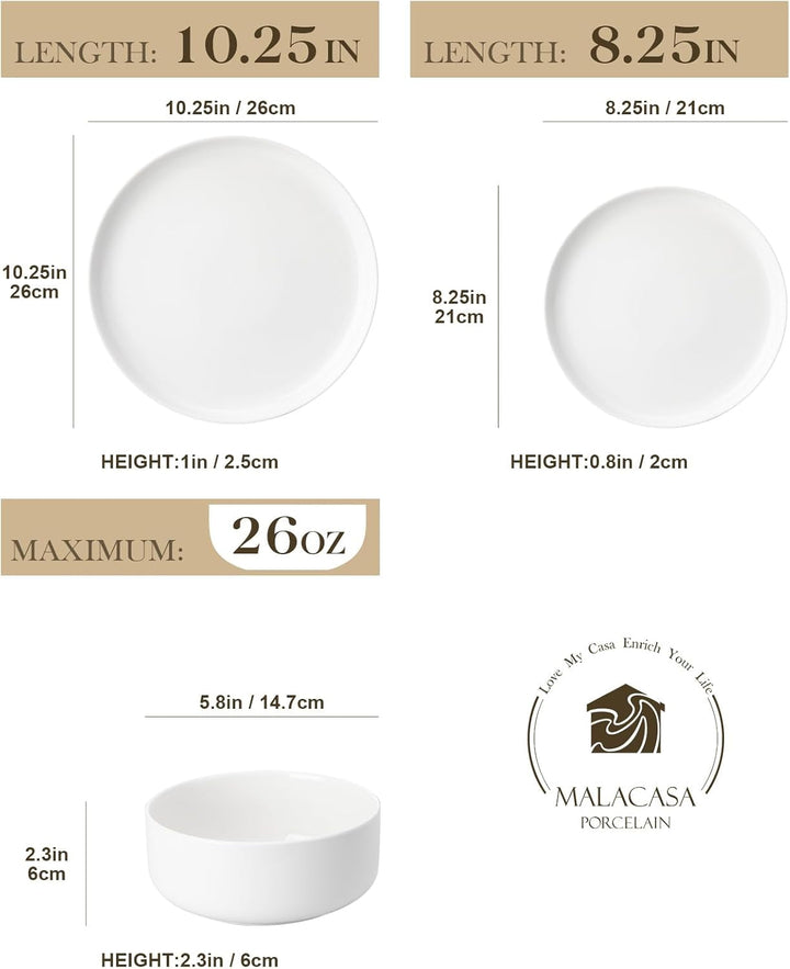 12 Pcs Porcelain Plates and Bowls Sets,Dinnerware Set for 4,White+2