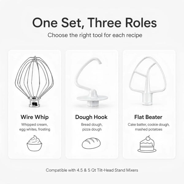 3-Piece Stainless Steel Mixer Attachments for 4.5-5 Qt Tilt-Head Stand Mixer, Flat Beater, Dough Hook & Wire Whip Set, Compatible with Kitchenaid Mixer4