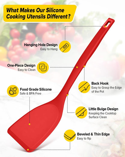 Pack of 4 Silicone Cooking Utensils Set, Non Stick Solid Spatulas and Heat Resistant Slotted Spoons with Back Hooks, Ideal BPA Free Kitchen Utensils Set for Frying,Serving,Turning,Stirring (RED)2