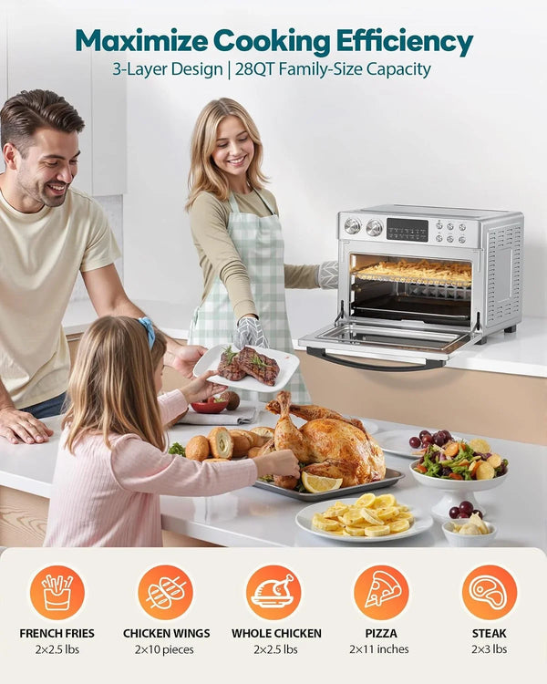 28QT Air Fryer Toaster Oven Combo, Large 12-In-1 Convection Countertop Oven with Next-Gen Heatwave Convection, 3-Layer Cooking, Rotisserie for Chicken, Fits 11" Pizza, All Accessories, Stainless Steel4