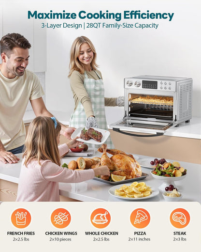 28QT Air Fryer Toaster Oven Combo, Large 12-In-1 Convection Countertop Oven with 3-Layer Cooking, Rotisserie for Chicken, 6 Heating Tubes, Fast Preheat, Fit 11" Pizza, All Accessories, Silver Red4