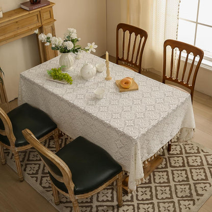 Cotton Linen Look Tablecloth Rectangle 86 Inch, Farmhouse Textured Tablecloth with Crochet Lace and Tassels, Vintage Table Cover for Dining Kitchen Wedding Party 60"X60"5