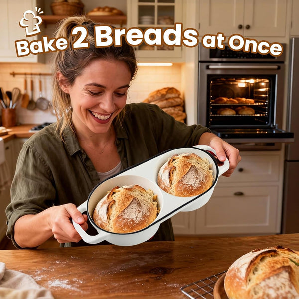 Mini Double Dutch Oven with Lid for Sourdough Bread Baking (White) | Enameled Cast Iron Pot with Lid, 5" Banneton Bread Proofing Basket Include, Dual round Bread Loaf Pan for Homemade Baking2
