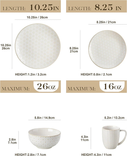 16 Pieces Dinnerware Set, Farmhouse Style Stoneware Plates and Bowls Sets for 4, Embossed Boho Ceramic Dish Set with Mugs, Microwave & Dishwasher Safe, Series LYDIA2