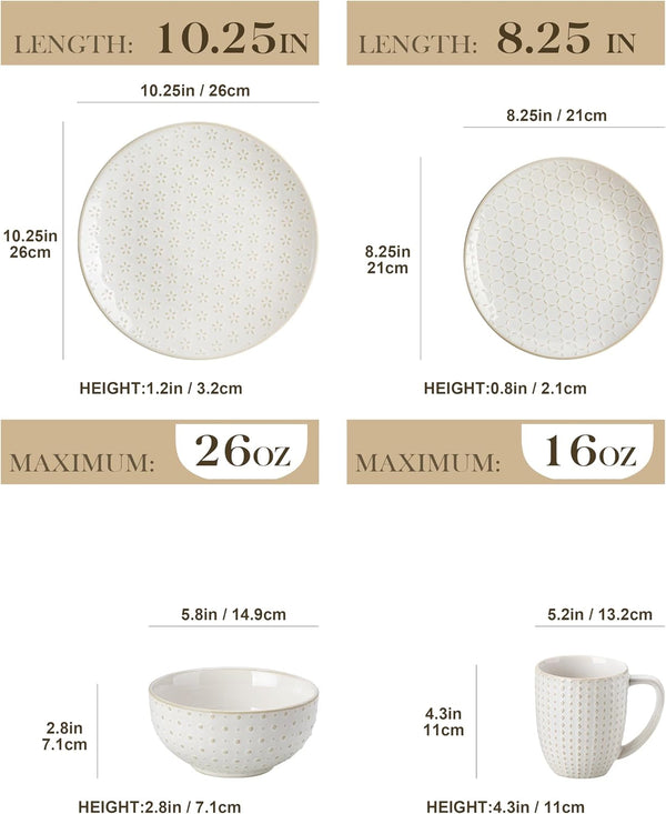 16 Pieces Dinnerware Set, Farmhouse Style Stoneware Plates and Bowls Sets for 4, Embossed Boho Ceramic Dish Set with Mugs, Microwave & Dishwasher Safe, Series LYDIA2