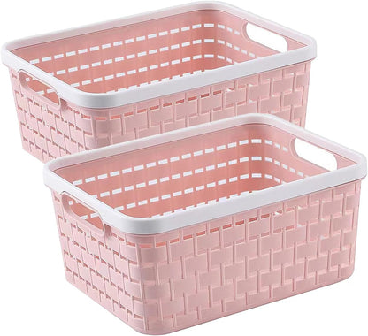 Plastic Storage Bin Baskets, Toilet Paper Basket for Bathroom, Plastic Organizer Shower Caddy with Handles for Living Room (Small Pink 2 Pack)1