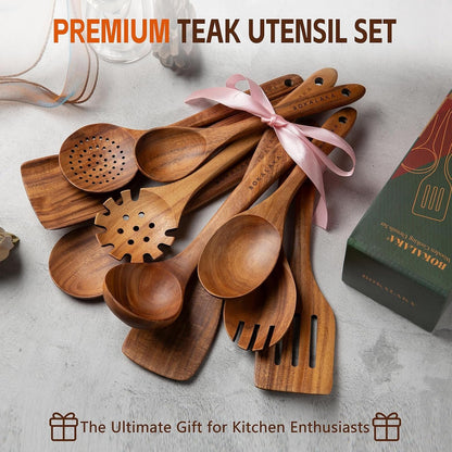 Wooden Spoons for Cooking,10 Pcs Natural Teak Wooden Kitchen Utensils Set Wooden Utensils for Cooking Wooden Cooking Utensils Wooden Spatulas for Cooking (10)7
