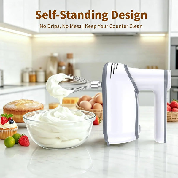 Cordless Electric Hand Mixer, 12-Speed with Storage Case, White | Rechargeable, Eject Button, LED, Self-Stand, 6×304 Stainless Attachment, Overheat Protection, Quiet for Baking Dough Cake Egg8