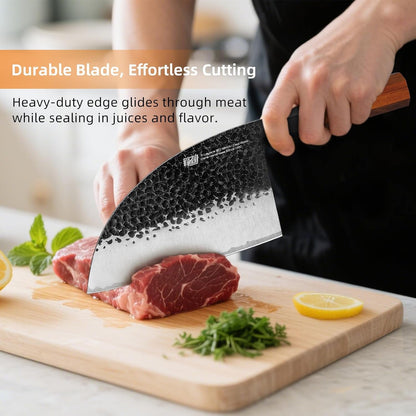 Serbian Chef Knife with Leather Sheath, 6.5 Inch High Carbon Steel Cleaver Knife, Hammered Blade, Octagonal Handle, for Meat, Vegetables, Poultry and Light Bones, Dynasty Series6