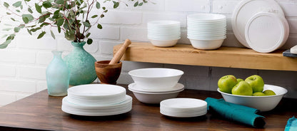 Vitrelle 78-Piece Service for 12 Dinnerware Set, Triple Layer Glass and Chip Resistant, Lightweight round Plates and Bowls Set, Winter Frost White7