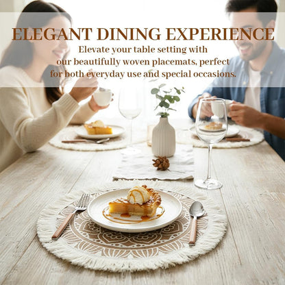 Placemat Set of 4 Macrame Linen Cotton Placemats -Boho round Handmade Woven Table Mats with Tassels, Washable Bohemian Table Decor for Dining Room, Kitchen, Parties, Rustic Farmhouse Style（15 Inch）3