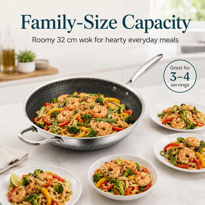 12.6 Inch Stainless Steel Honeycomb Wok Pan with Standing Glass Lid, Flat Bottom Stir Fry Pan for Induction, Gas & Electric Stoves, Physical Stick-Resistant Surface, Dishwasher Safe6