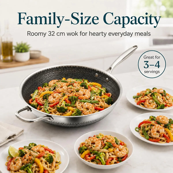 12.6 Inch Stainless Steel Honeycomb Wok Pan with Standing Glass Lid, Flat Bottom Stir Fry Pan for Induction, Gas & Electric Stoves, Physical Stick-Resistant Surface, Dishwasher Safe6